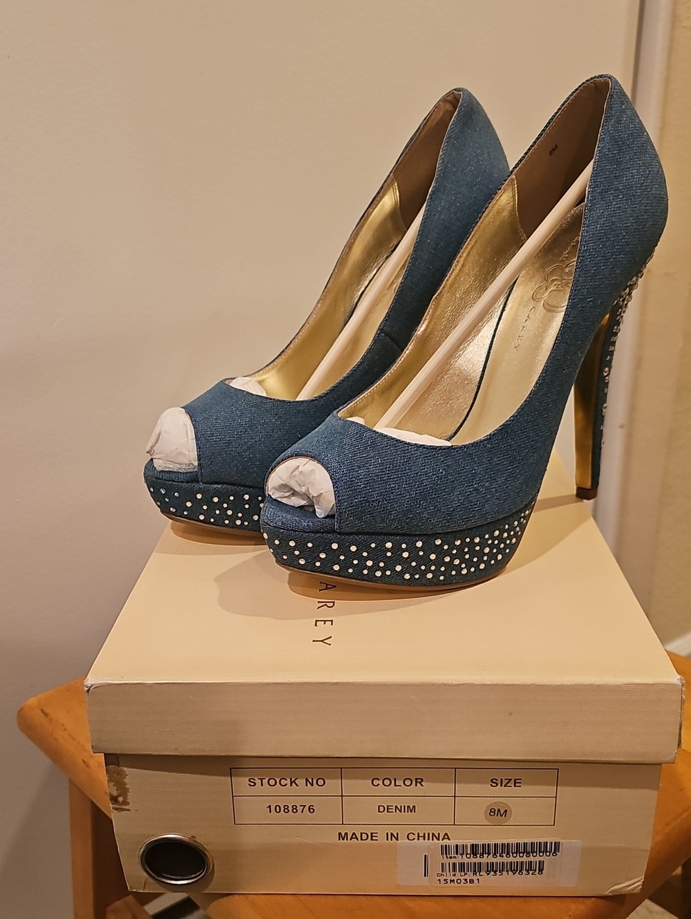 Mariah Carey Denim Peep-Toe Platform High Heels with Studded Accent